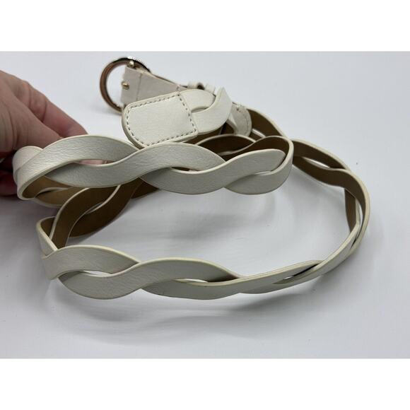 Talbots Womens White Woven Belt Size L Braided Leather Silver Buckle - Picture 2 of 4